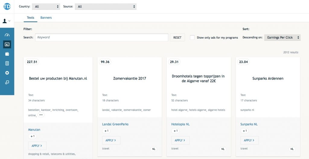 screenshot tekstlinks Tradedoubler