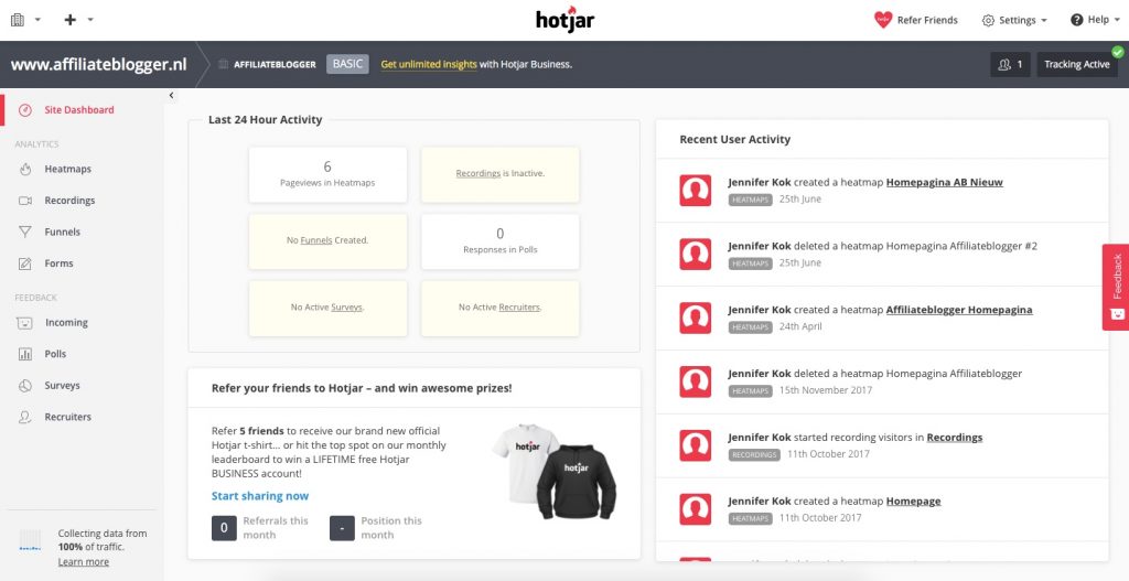 hotjar - site dashboard