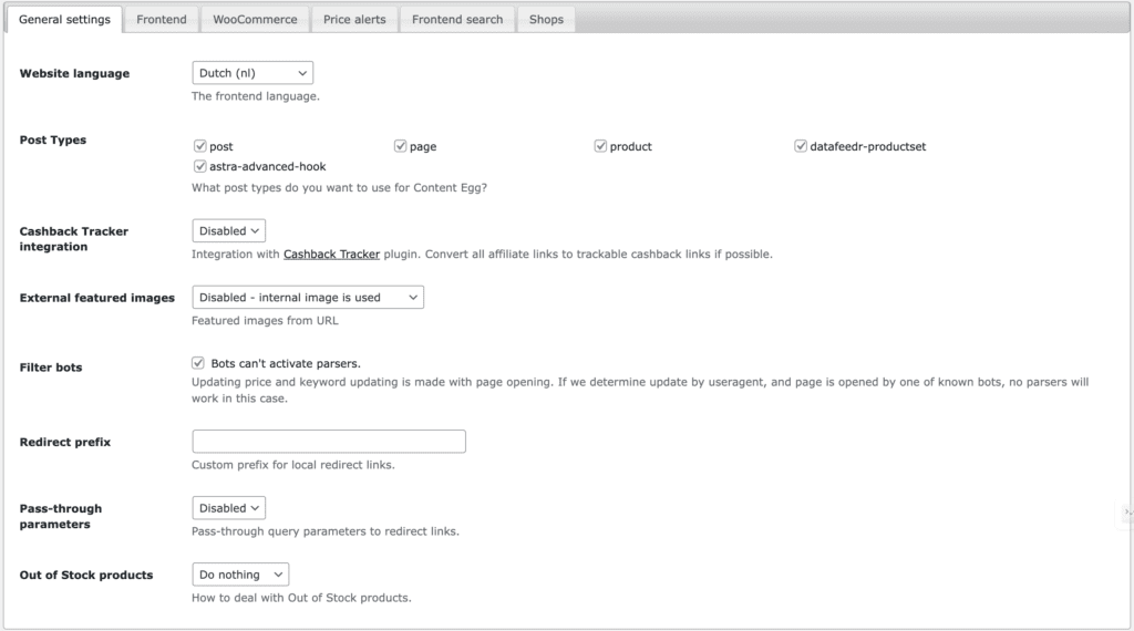content egg pro instellingen algemeen